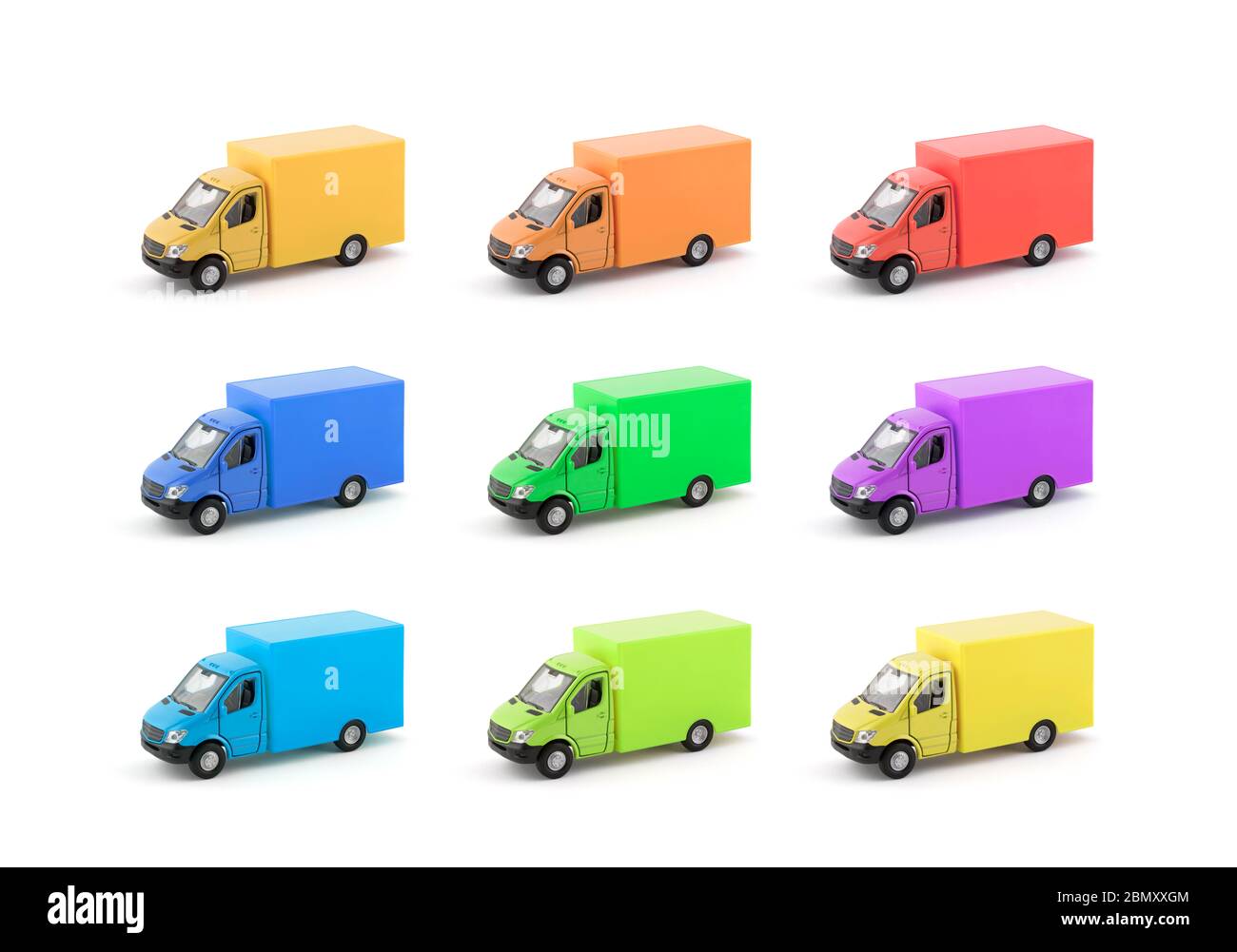 Group of colorful cargo delivery trucks on white background Stock Photo