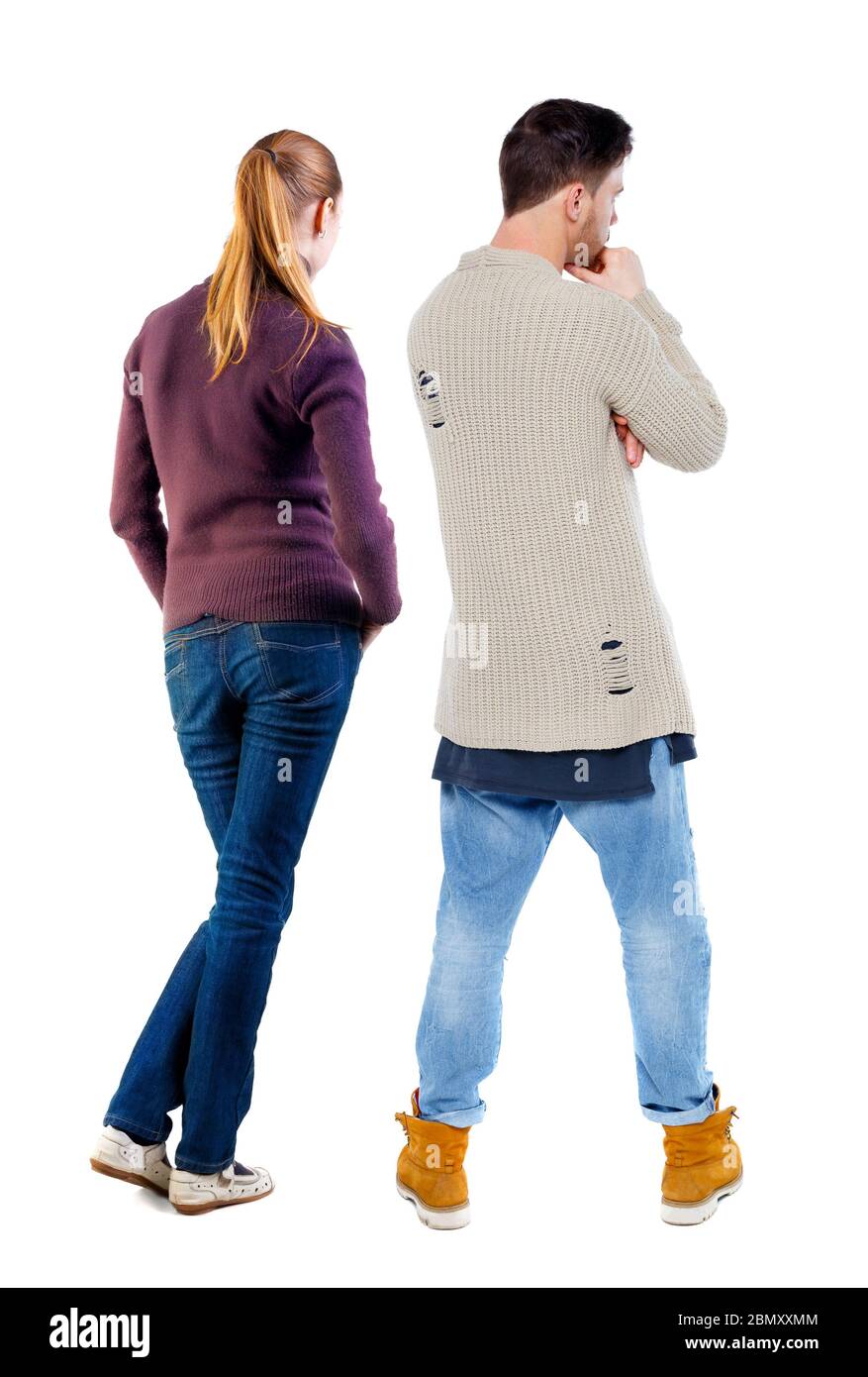 Back view couple in sweater. beautiful man and woman. Rear view people ...