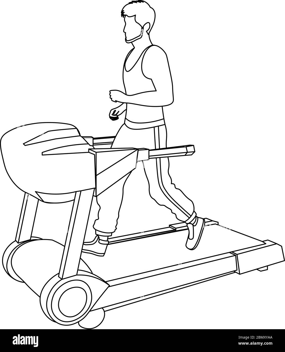 flat line art of faceless bearded man running on the treadmill Stock Vector