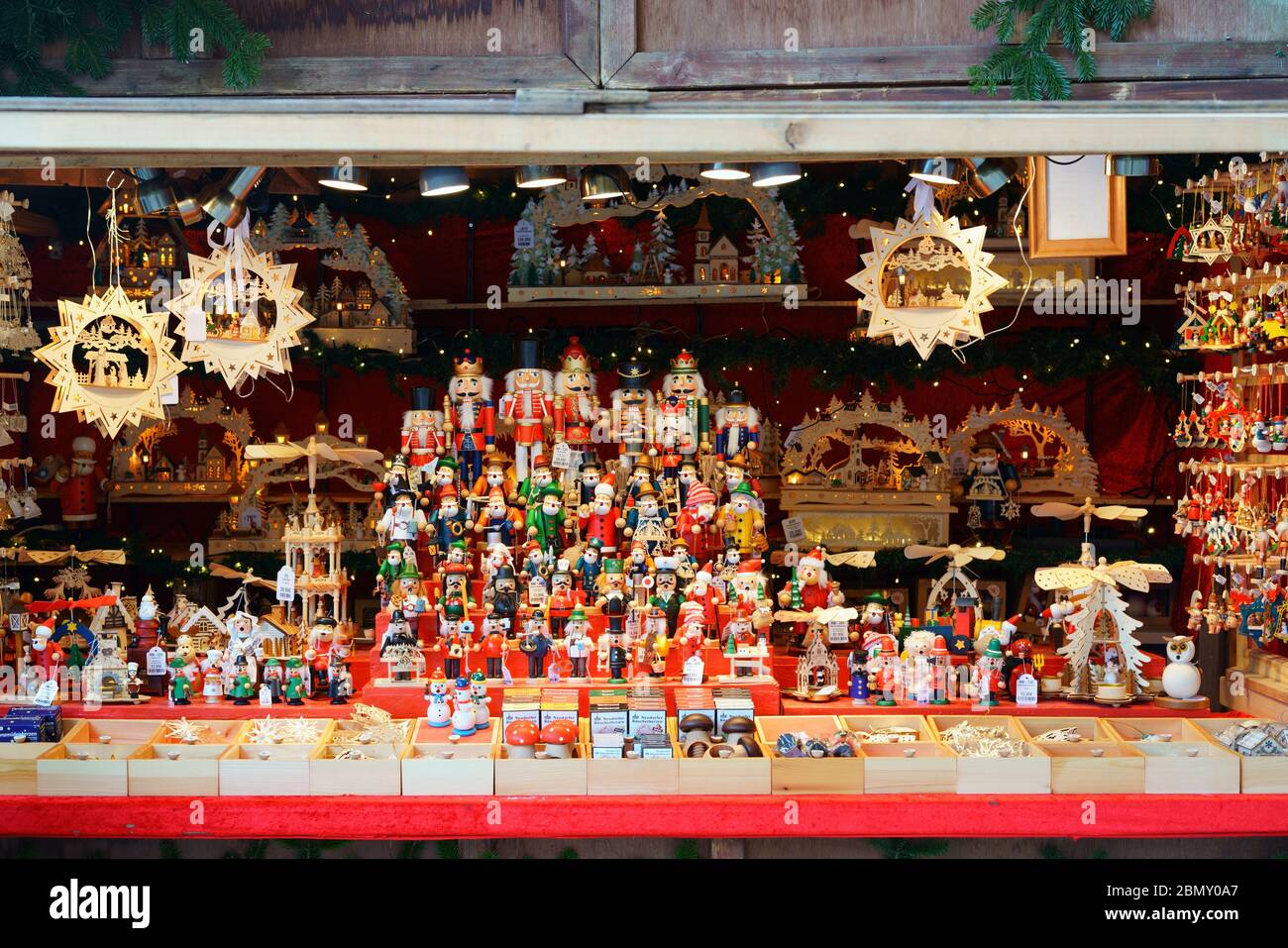 BRAUNSCHWEIG, LOWER SAXONY, GERMANY - DECEMBER 13, 2019: German Erzgebirge gifts for sale at the Braunschweig Christmas market. Stock Photo