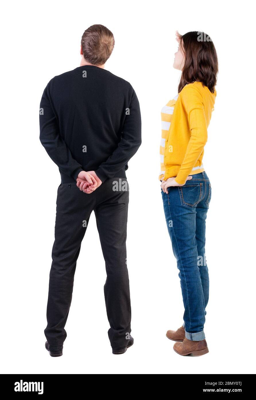 Back view couple in sweater. beautiful man and woman. Rear view people ...