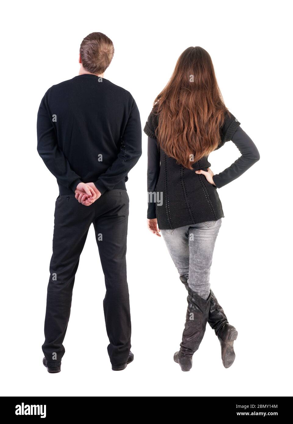 Back view couple in sweater. beautiful man and woman. Rear view people ...