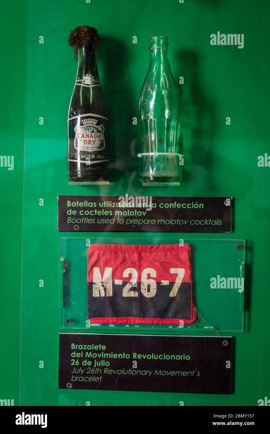 The Tren Blindado, a national monument, memorial park, and museum of the Cuban Revolution, exhibits inside the train - bottles used for molotov cockta Stock Photo