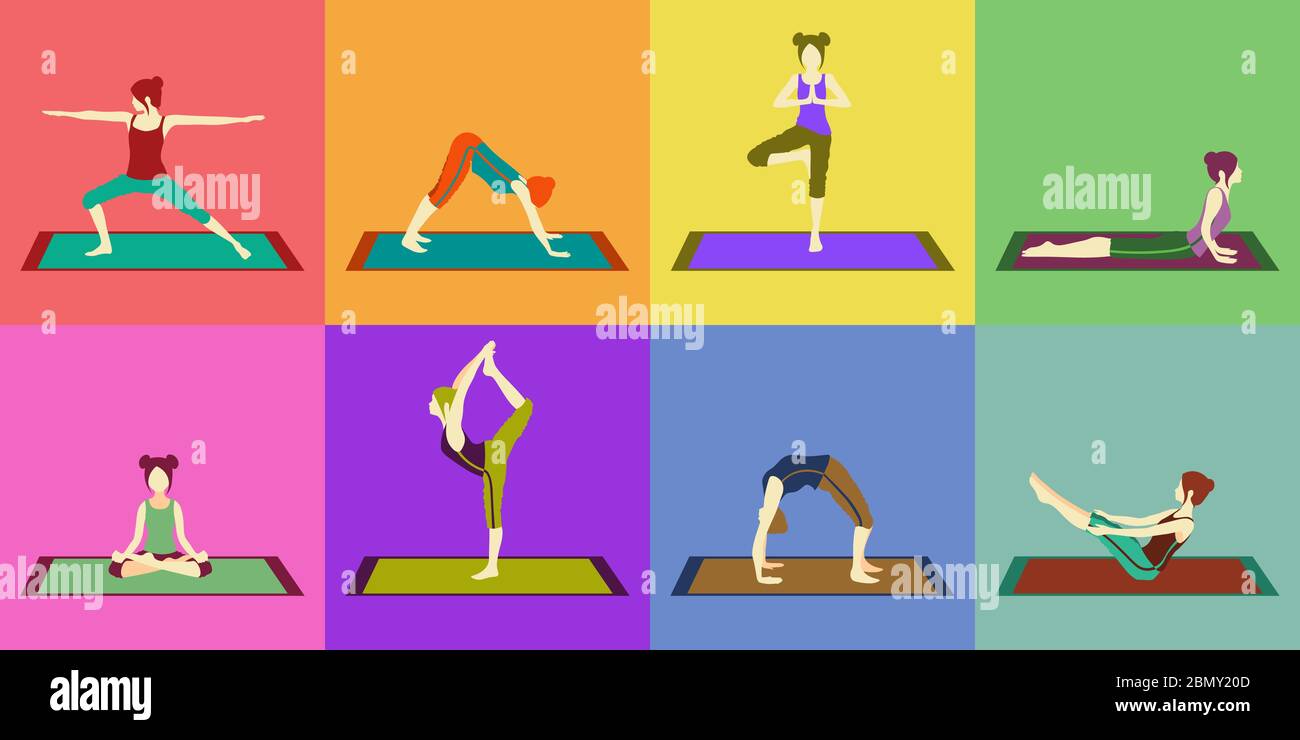 set or colorful pattern with eight faceless girls doing yoga ...
