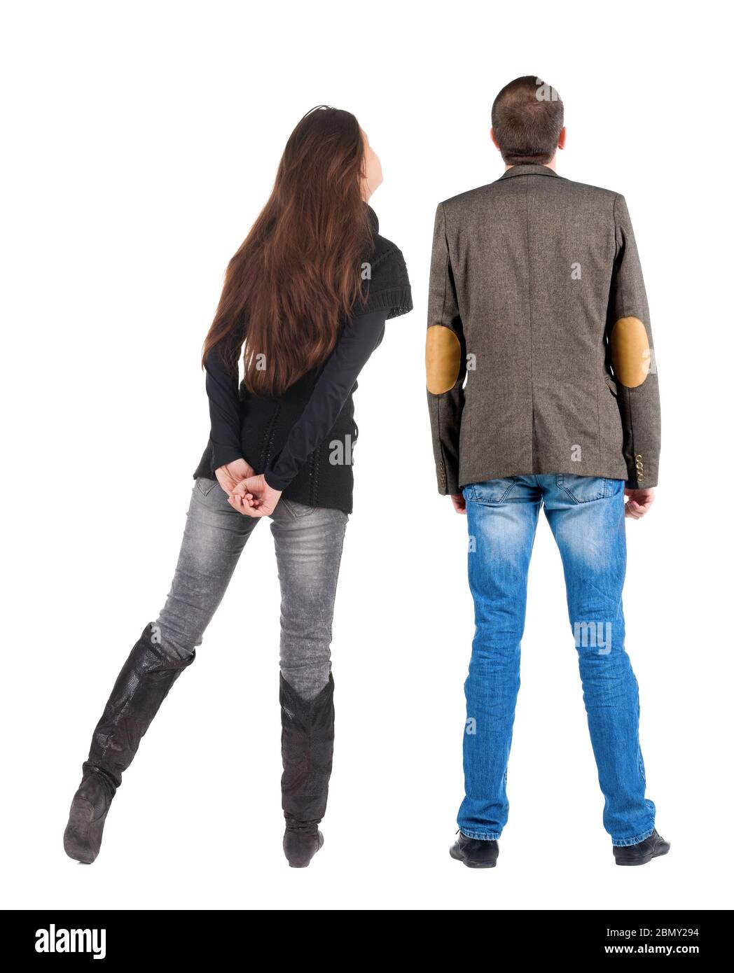 Back view couple in sweater. beautiful man and woman. Rear view people ...