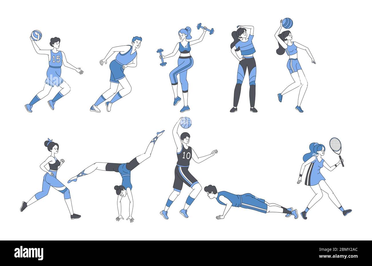 Young people doing sport activities fitness workout or playing sport games. Happy men and women in sport suits with sport equipment training and exercising vector cartoon outline illustration. Stock Vector