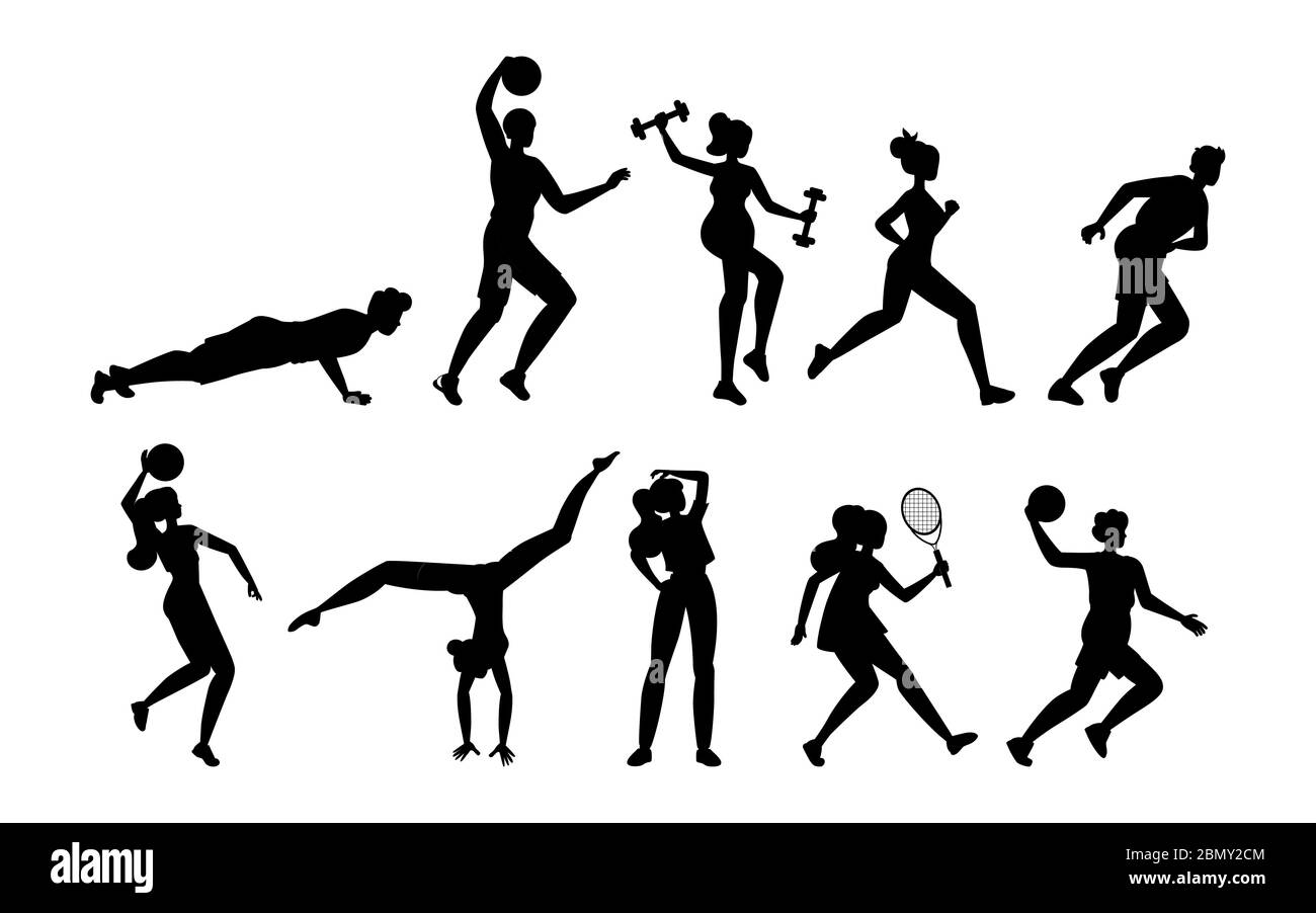 People doing sport activities fitness workout or playing sport games. Silhouettes of men and women with sport equipment training and exercising vector cartoon outline illustration. Stock Vector