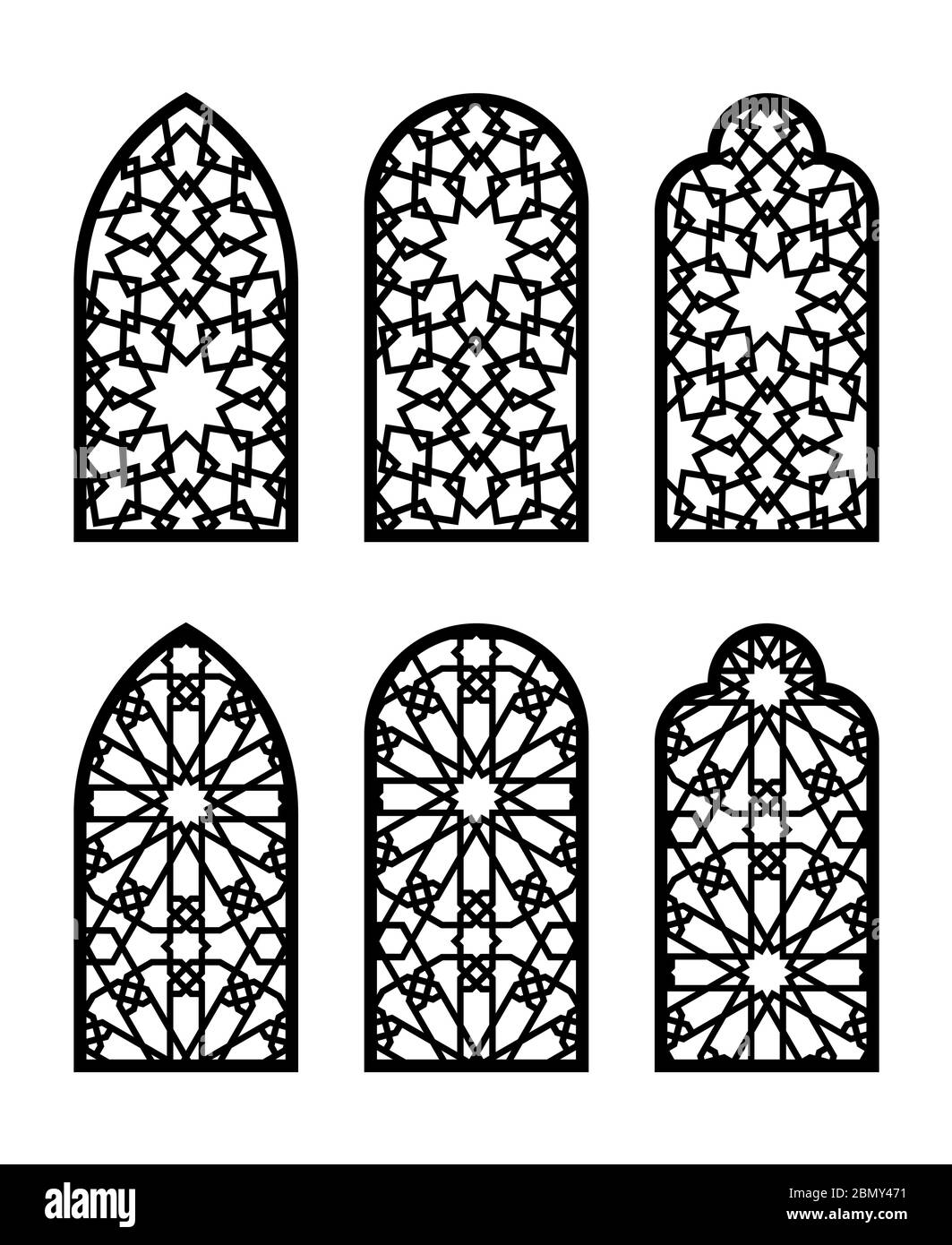 Islamic arch window or door set. Cnc pattern, laser cutting, vector template set for wall decor, hanging, stencil, engraving Stock Vector