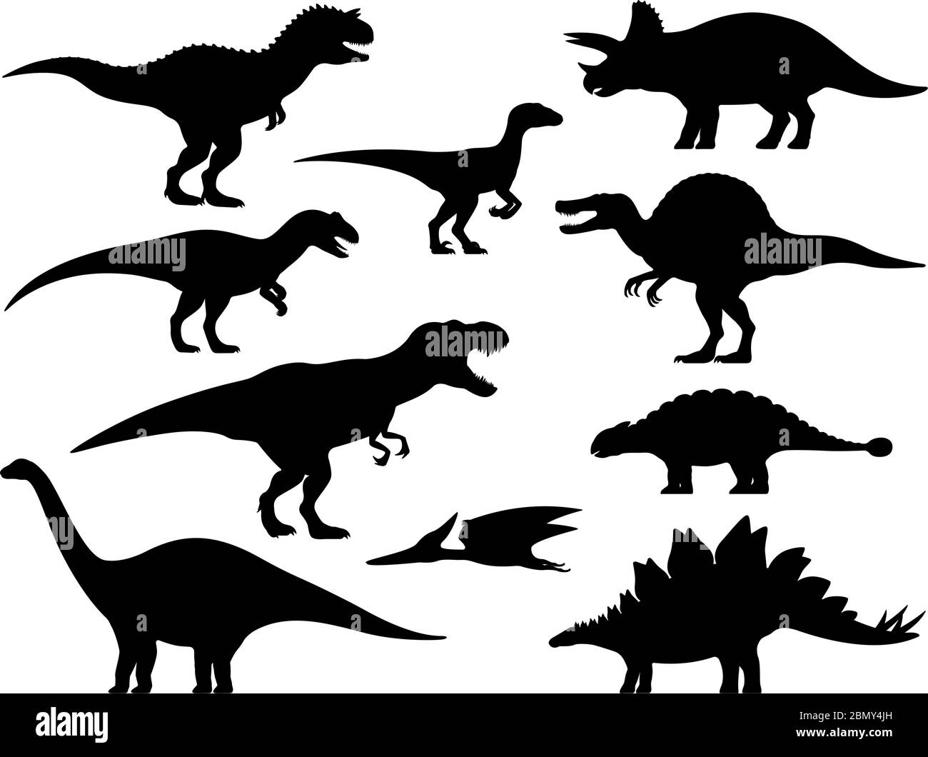 Dinosaur silhouette. Icon Jurassic Monsters T-rex Stegosaurus Triceratops Pterodactyl Spinosaurus Apatosaurus Allosaurus Carnotaurus Ankylosaurus Velo Stock Vector