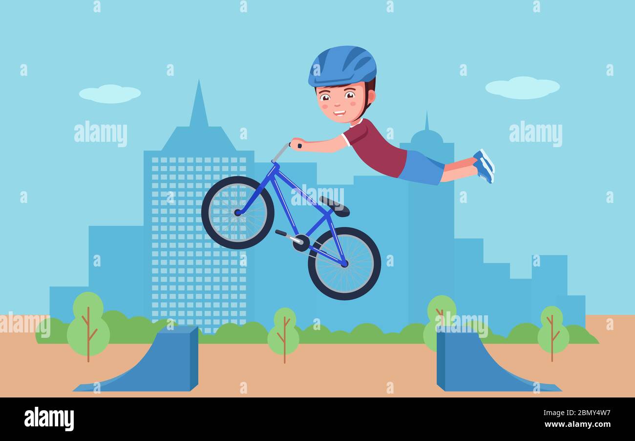 Boy performs a stunt on a bmx bike in a park. Vector illustration cartoon  character boy bmx bike rider tricking in the park. Child in a helmet is  enga Stock Vector Image