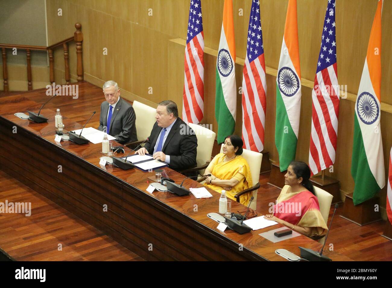 Secretary Pompeo Delivers Closing Remarks at the India 2+2 Dialogue U.S. Secretary of State Michael R. Pompeo flanked by U.S. Secretary of Defense Jim Mattis, Indian Minister of External Affairs Sushma Swaraj and Indian Defense Minister Nirmala Sitharaman delivers closing remarks at the 2+2 Dialogue, in New Delhi, India, September 6, 2018. Stock Photo