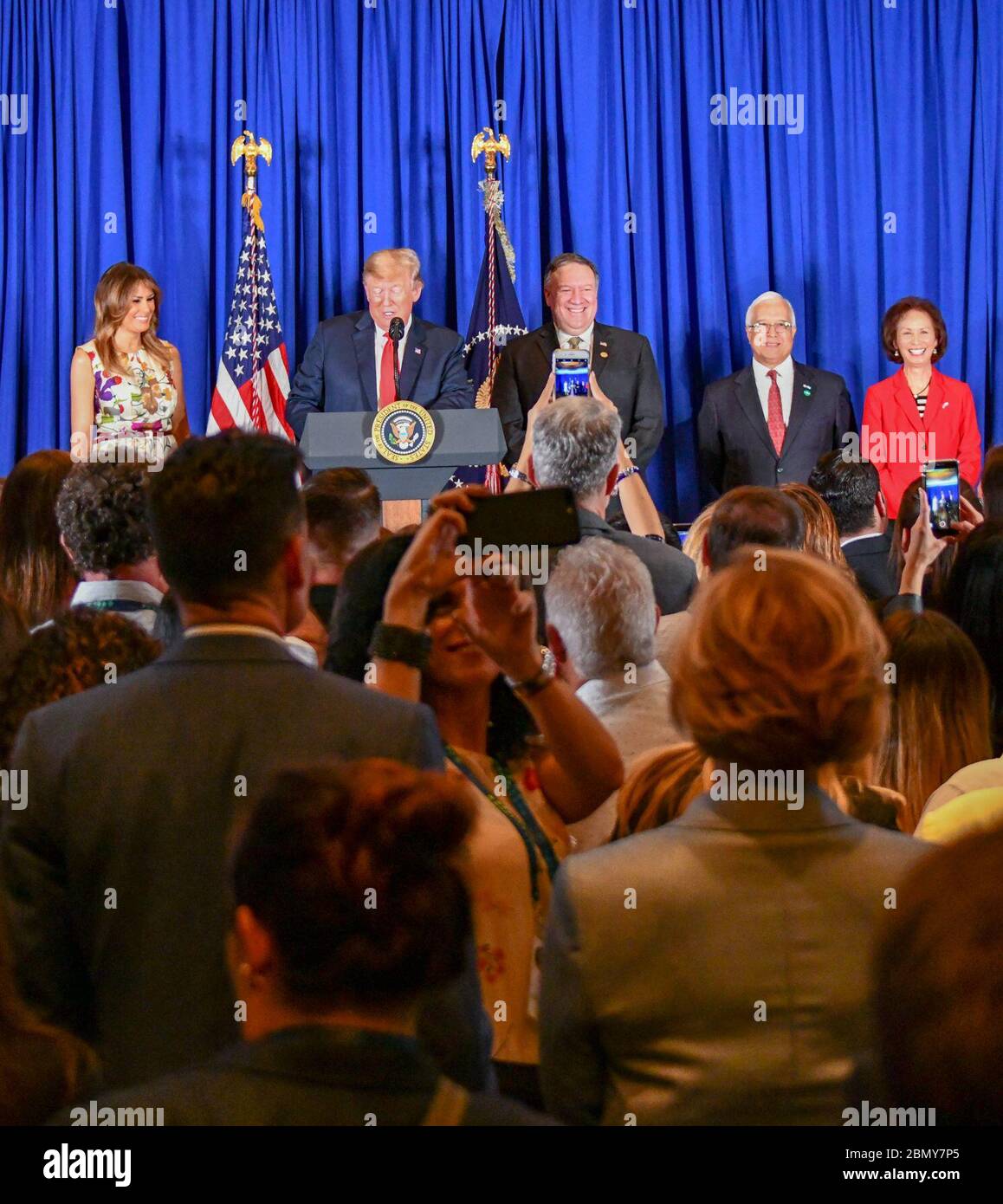 President Trump makes remarks at the U.S. Embassy Buenos Aires meet and greet President Donald Trump conducts a meet and greet with the staff and families of US Embassy Buenos Aires along with Secretary Michael R. Pompeo in Argentina, 30 November 2018. Stock Photo
