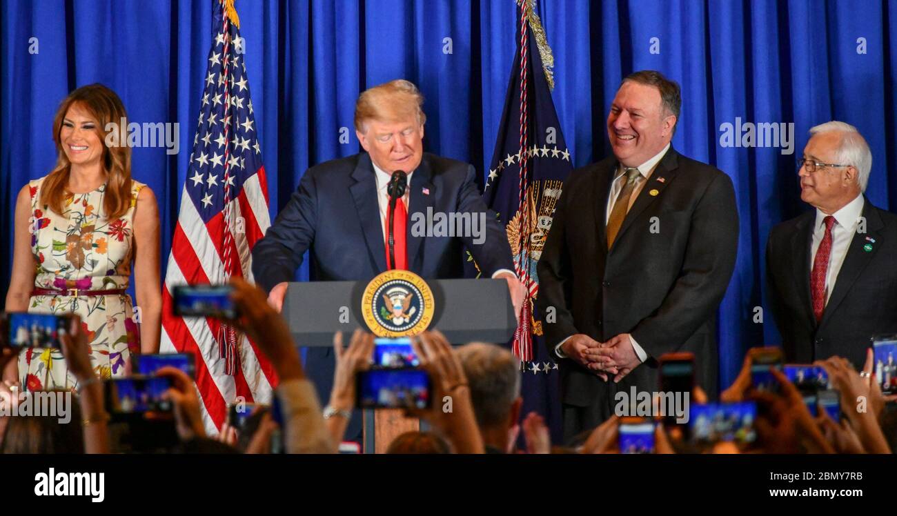 President Trump makes remarks at the U.S. Embassy Buenos Aires meet and greet President Donald Trump conducts a meet and greet with the staff and families of US Embassy Buenos Aires along with Secretary Michael R. Pompeo in Argentina, 30 November 2018. Stock Photo
