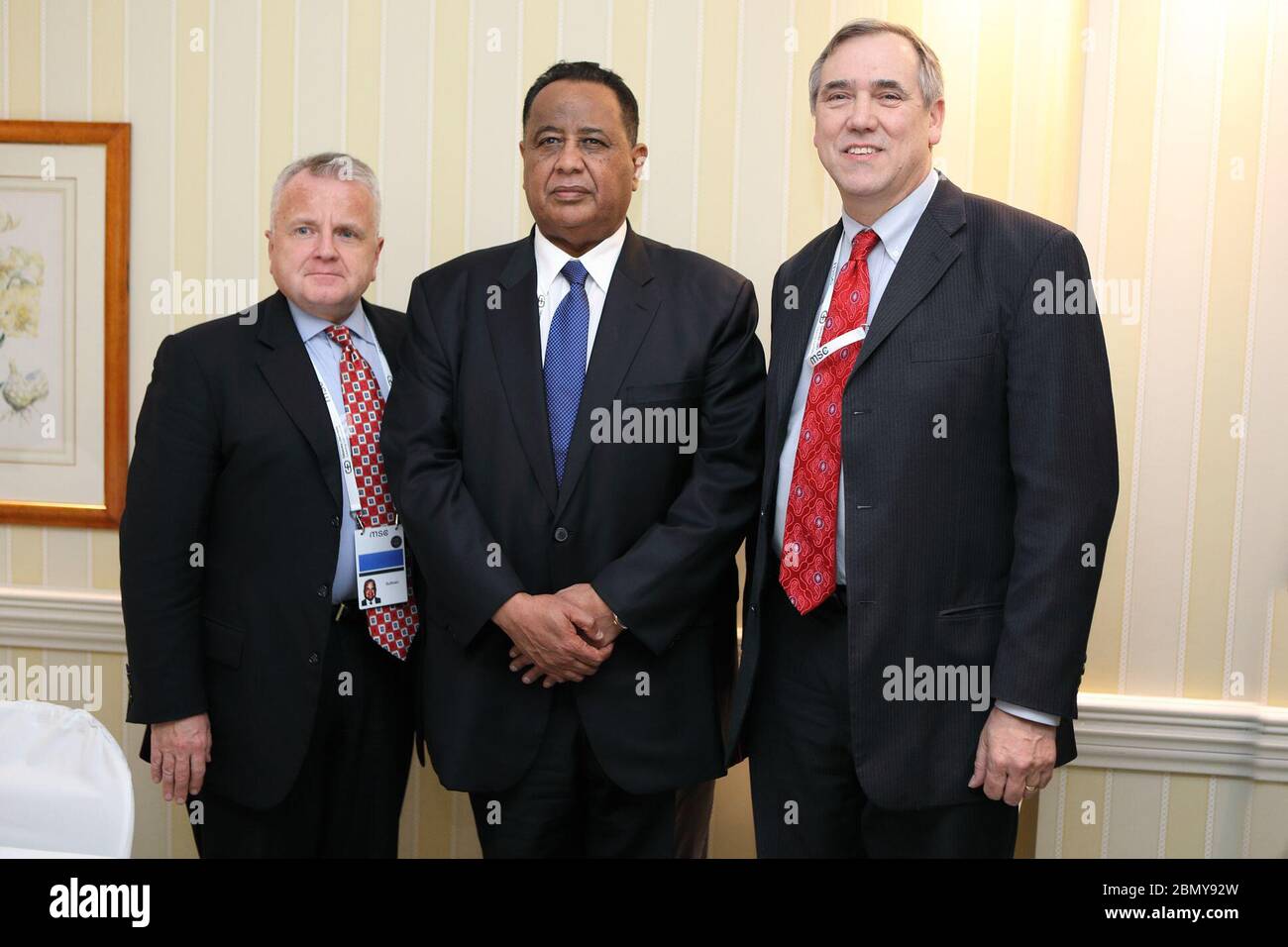 Deputy Secretary Sullivan Meets With Sudanese Foreign Minister Ghandour and U.S. Senator Merkley Deputy Secretary of State John Sullivan meets with Sudanese Foreign Minister Ibrahim Ghandour and U.S. Senator Jeff Merkley at the Munich Security Conference in Munich, Germany on February 16, 2018. Stock Photo