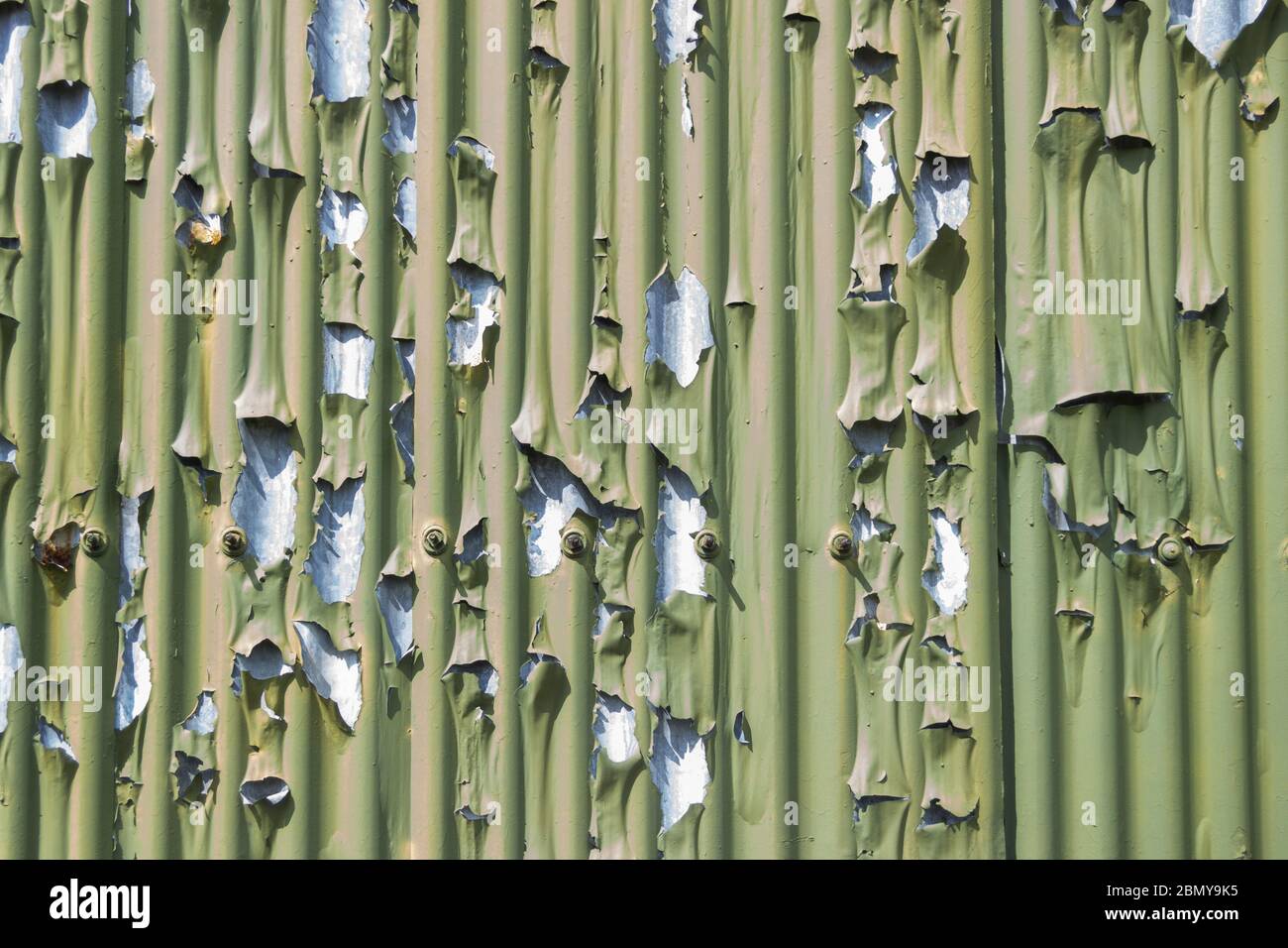 Flaking green paint on a corrugated iron surface, appropriate as a background image Stock Photo
