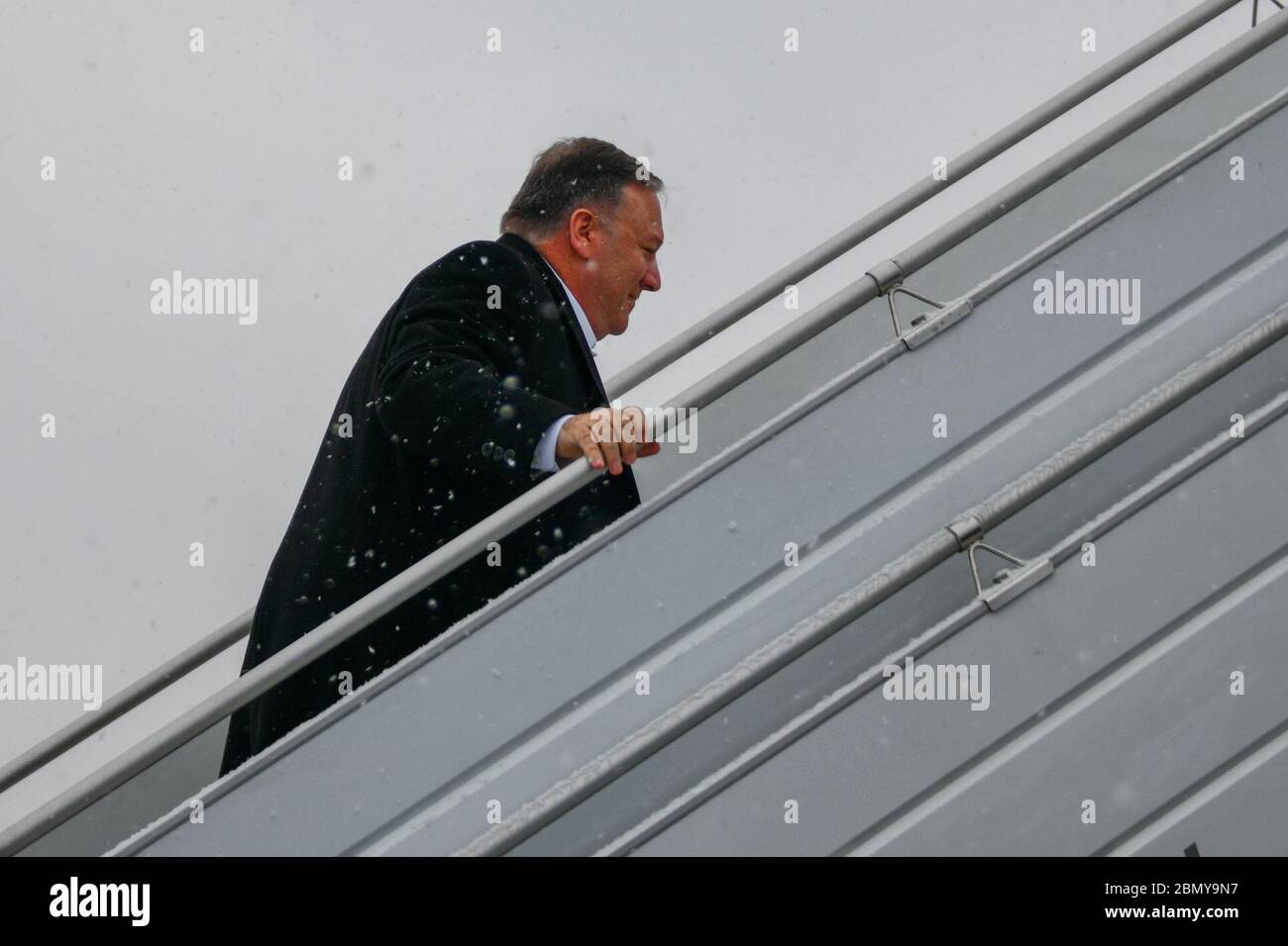 Secretary Pompeo Attends a Live-Fire Demonstration by eFP Battle Group NATO Troop U.S. Secretary of State Michael R. Pompeo departs hotel in Warsaw and flies to Szymany Airport, Szczytno to attend a Live-Fire Demonstration by eFP Battle Group NATO Troop. Stock Photo