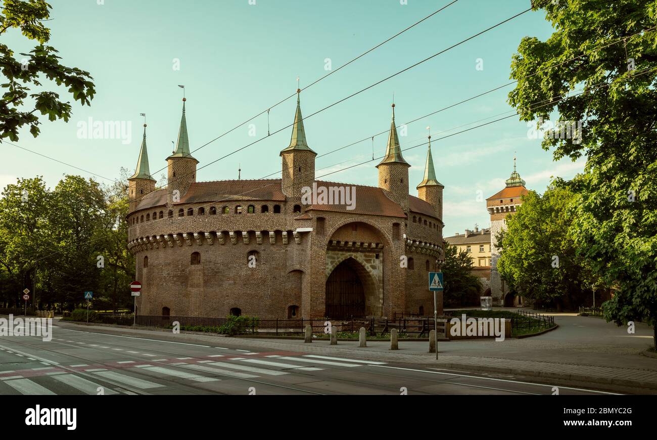 Barbican and St. Florian's Gate in Krakow city, Poland Stock Photo