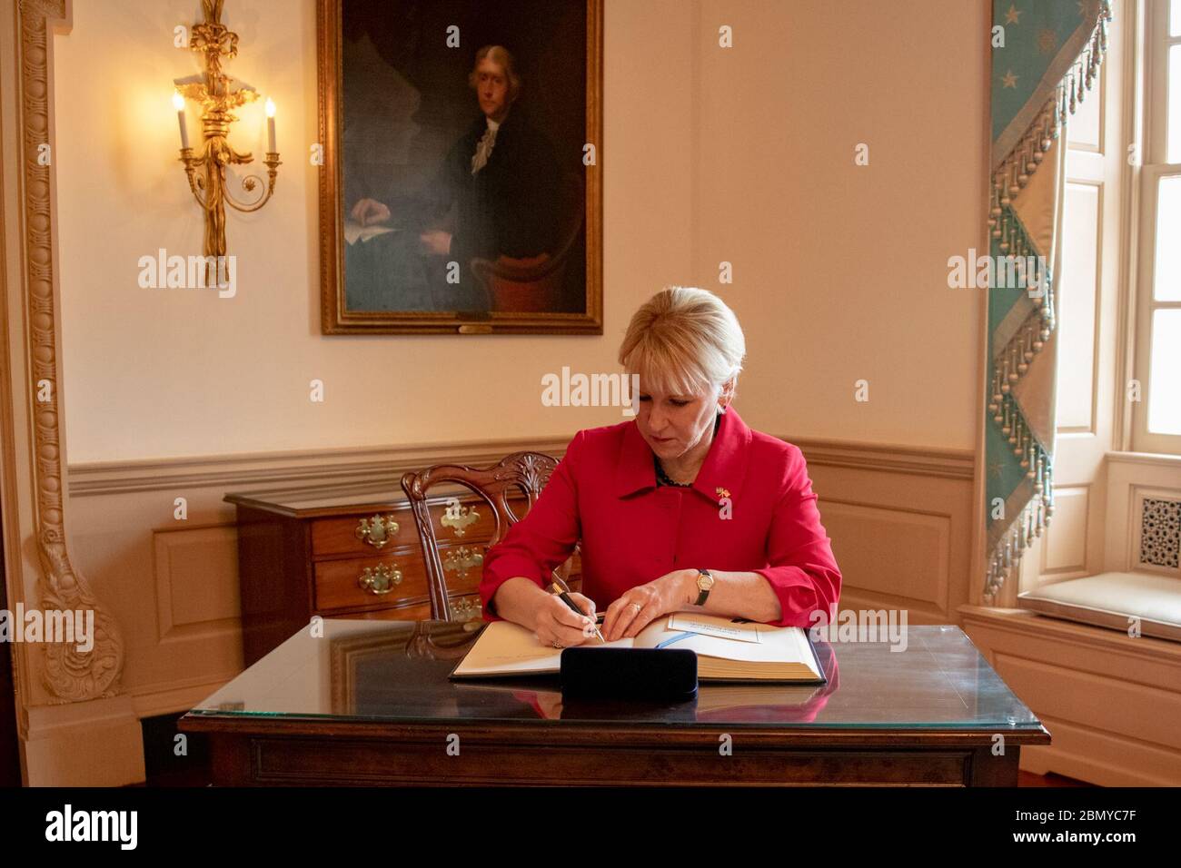 Swedish Foreign Minister Wallstrom Signs Secretary Pompeo's Guestbook Swedish Foreign Minister Margot Wallstrom signs Secretary Pompeo's guestbook before their meeting at the U.S. Department of State in Washington, D.C., on April 29, 2019. Stock Photo