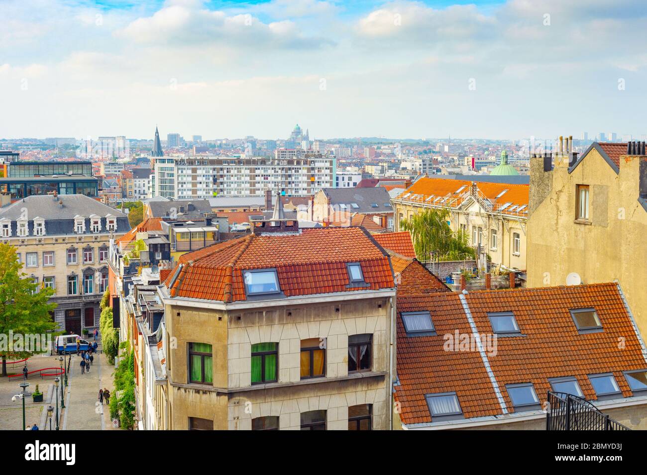 Aerial cityscape of Brussels old town in evening sunhine, rooftop view, Belgium Stock Photo