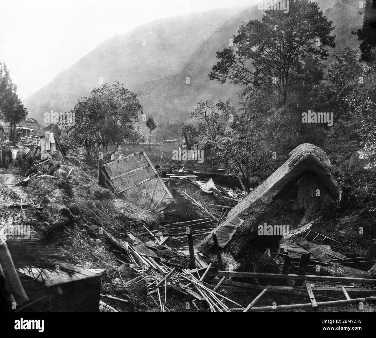 [ 1890s Japan - Nobi Earthquake ] —   Devastation in the Neodani Valley (根尾谷) in Gifu Prefecture, caused by the Nobi Earthquake (濃尾地震, Nobi Jishin) of October 28, 1891 (Meiji 24).  The Nobi Earthquake measured between 8.0 and 8.4 on the scale of Richter and caused 7,273 deaths, 17,175 casualties and the destruction of 142,177 homes.  19th century vintage glass slide. Stock Photo