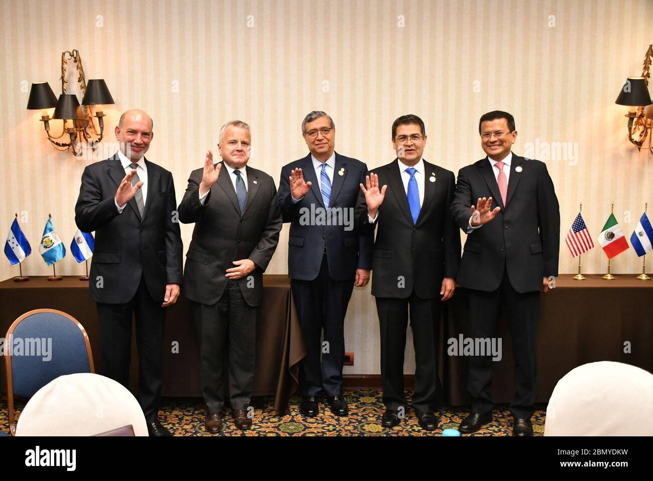 Acting Secretary Sullivan Poses for a Photo With Leaders of Mexico and the Northern Triangle Acting Secretary of State John Sullivan poses for a photo with Mexican Under Secretary for Latin America and the Caribbean, Luis Alfonso de Alba, Vice President of Guatemala Jafeth Cabrera, President of Honduras Juan Orlando Hernandez, and Foreign Minister of El Salvador Hugo Martinez in Lima, Peru on April 13, 2018. Stock Photo