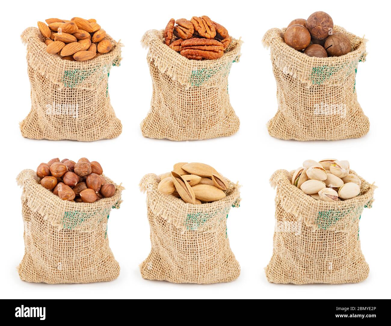 Collection of different healthy nuts in sacks, for food delivery online