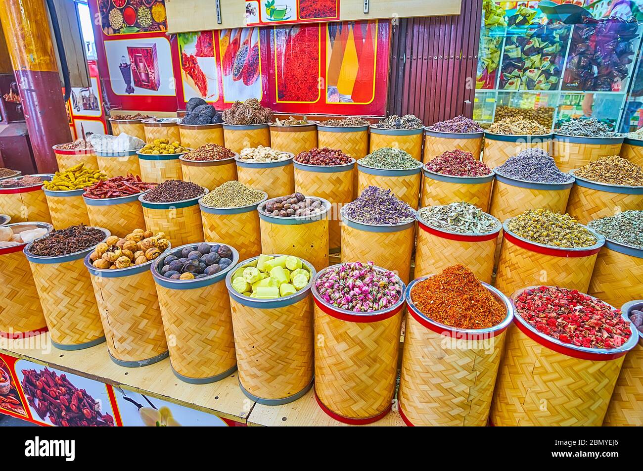 DUBAI, UAE - MARCH 2, 2020: The Spice Souq section of Grand Souq Deira is popular for wide range of spices, Eastern herbs, flower tea of petals, dried Stock Photo