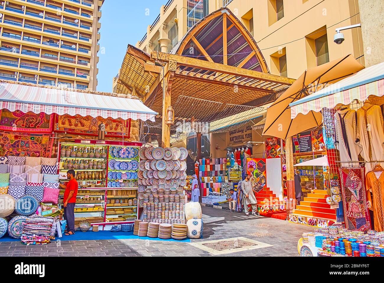 DUBAI, UAE - MARCH 2, 2020: The Bur Dubai Grand Souq (bazaar, market) has atmosphere of classic Eastern market with large amount of interesting goods Stock Photo