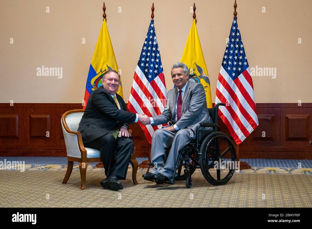 Secretary Pompeo Meets With President Moreno in Ecuador Secretary of State Michael R. Pompeo participates in a greeting and photo with Ecuadorian President Lenin Moreno, in Guayaquil, Ecuador, July 20, 2019. Stock Photo
