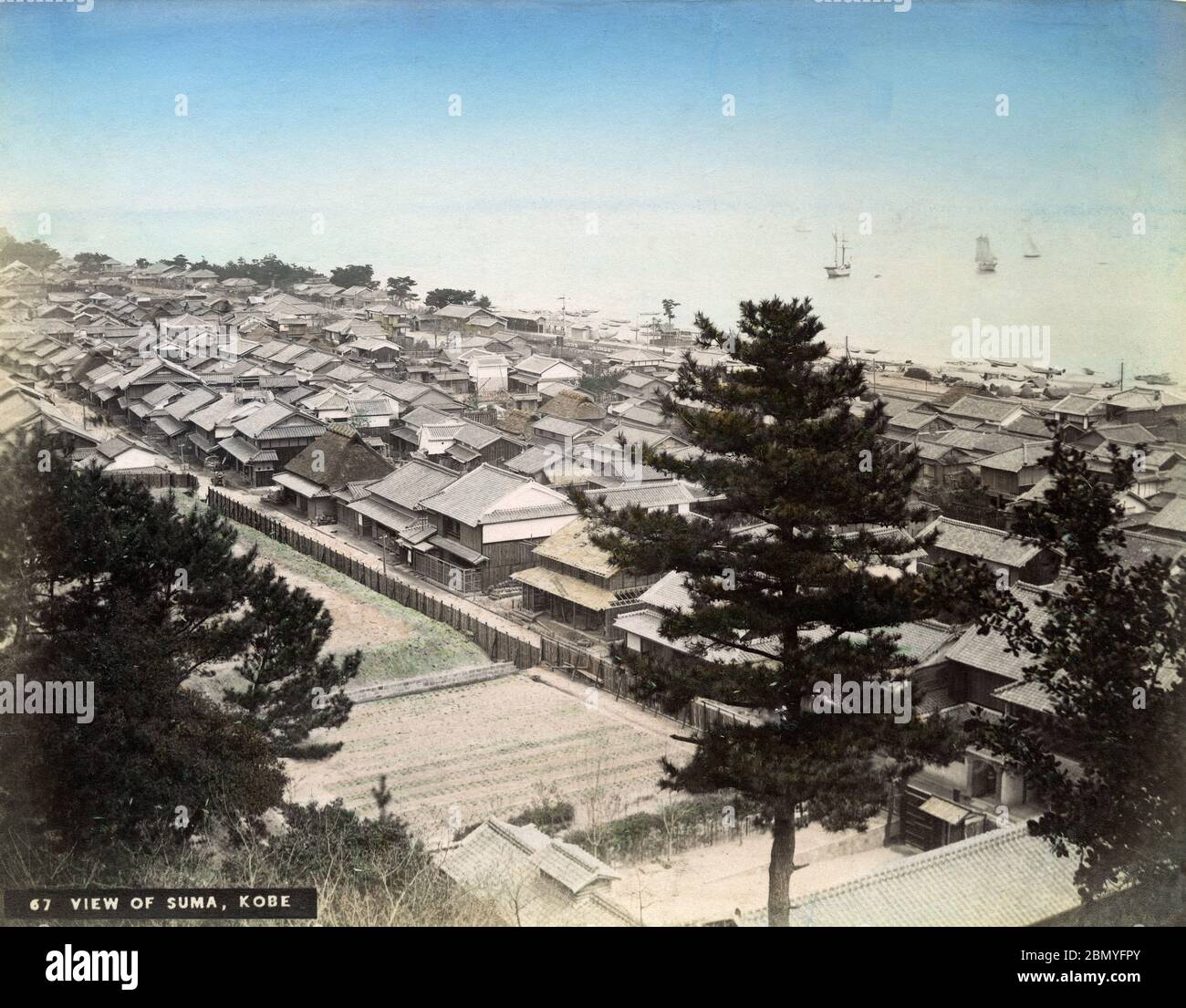 [ 1890s Japan - Suma, near Kobe ] —   Very rare panoramic view of Suma, near Kobe in Hyogo Prefecture.  Suma has regularly appeared in classic works of Japanese literature like the Genji monogatari, Heike monogatari and Ise monogatari.  American rock band the Beach Boys released a song about Suma's famous white beach, called Sumahama, in 1979 (Showa 54).  19th century vintage albumen photograph. Stock Photo