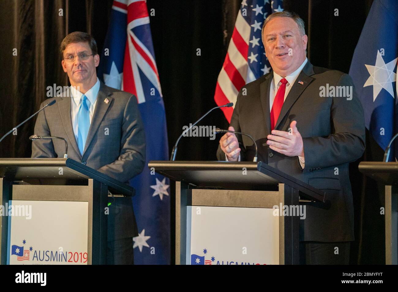 Secretary Pompeo Participates in a Joint Press Conference U.S. Secretary of State Michael R. Pompeo participates in a joint press conference with Australian Foreign Minister Marise Payne, Australian Defence Minster Linda Reynolds, and U.S. Secretary of Defense Mark Esper in Sydney, Australia on August 4, 2019. Stock Photo