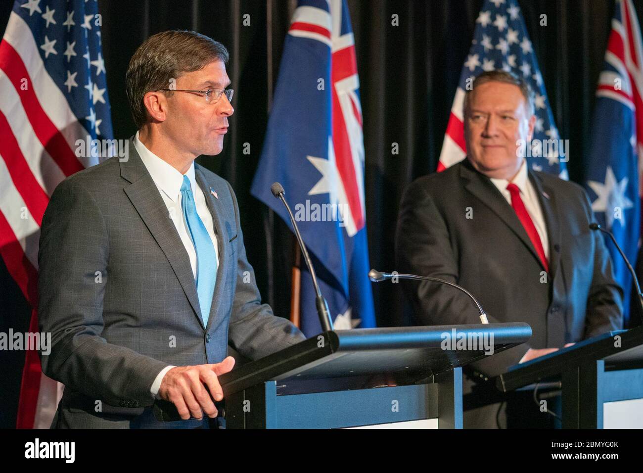 Secretary Pompeo Participates in a Joint Press Conference U.S. Secretary of State Michael R. Pompeo participates in a joint press conference with Australian Foreign Minister Marise Payne, Australian Defence Minster Linda Reynolds, and U.S. Secretary of Defense Mark Esper in Sydney, Australia on August 4, 2019. Stock Photo