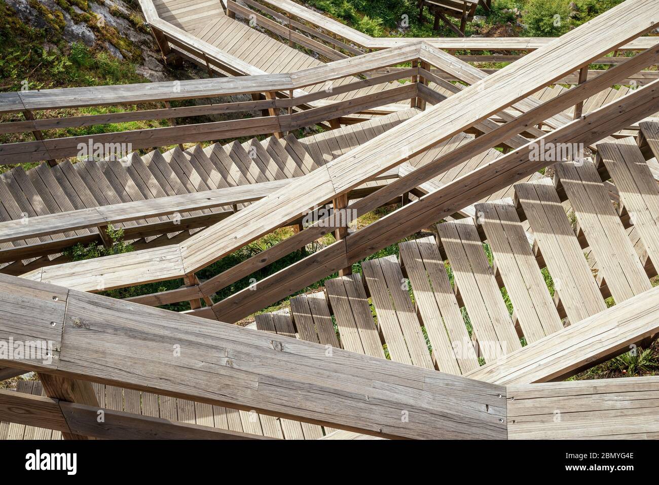 Detail of wooden stairs and handrails of the Paiva Walkways, near Arouca in Portugal. Stock Photo