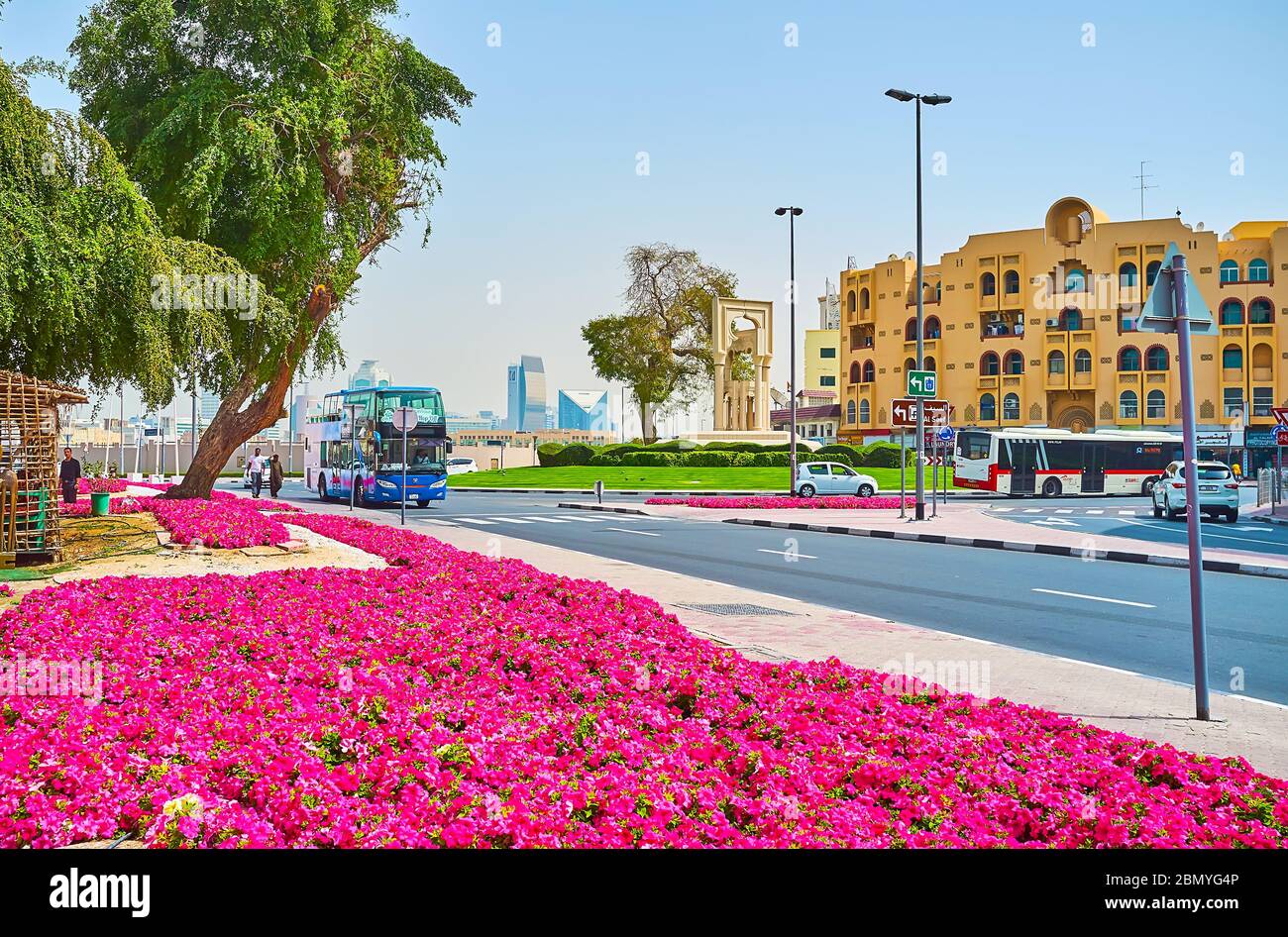 DUBAI, UAE MARCH 2, 2020 The Al Fahidi roundabout is lined with