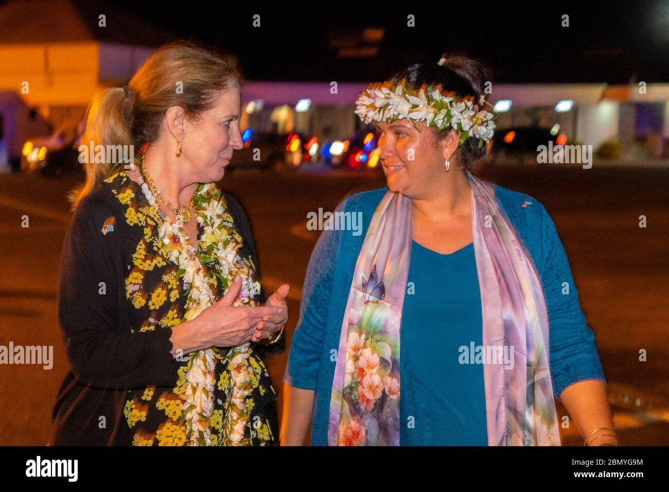Mrs. Pompeo Bids Farewell to First Lady Edwin Mrs. Pompeo bids farewell to first lady Patricia Edwin before departing Kolonia, Federated States of Micronesia, on August 5, 2019. Stock Photo