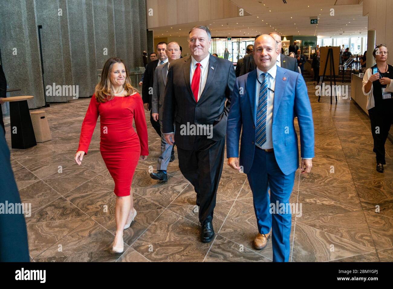 On August 22, 2019, U.S. Secretary of State Michael Pompeo participates in a working lunch with Canadian Foreign Minister Chrystia Freeland at the National Arts Center in Ottawa, Canada, to discuss U.S.-Canada relations and regional issues. Stock Photo