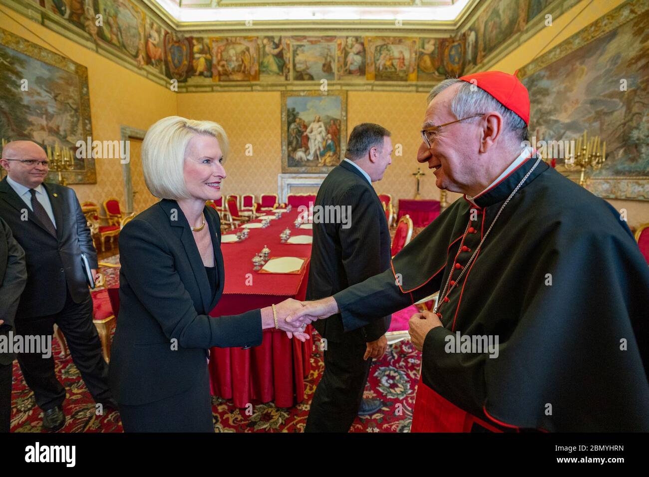 Secretary Pompeo Meets with Cardinal Parolin and Archbishop Gallagher U.S. Secretary of State Michael R. Pompeo and U.S. Ambassador to the Holy See Callista Gingrich meet with Vatican Secretary of State Cardinal Pietro Parolin and Secretary for Relations with States Archbishop Paul Gallagher in Vatican City, on October 2, 2019. Stock Photo
