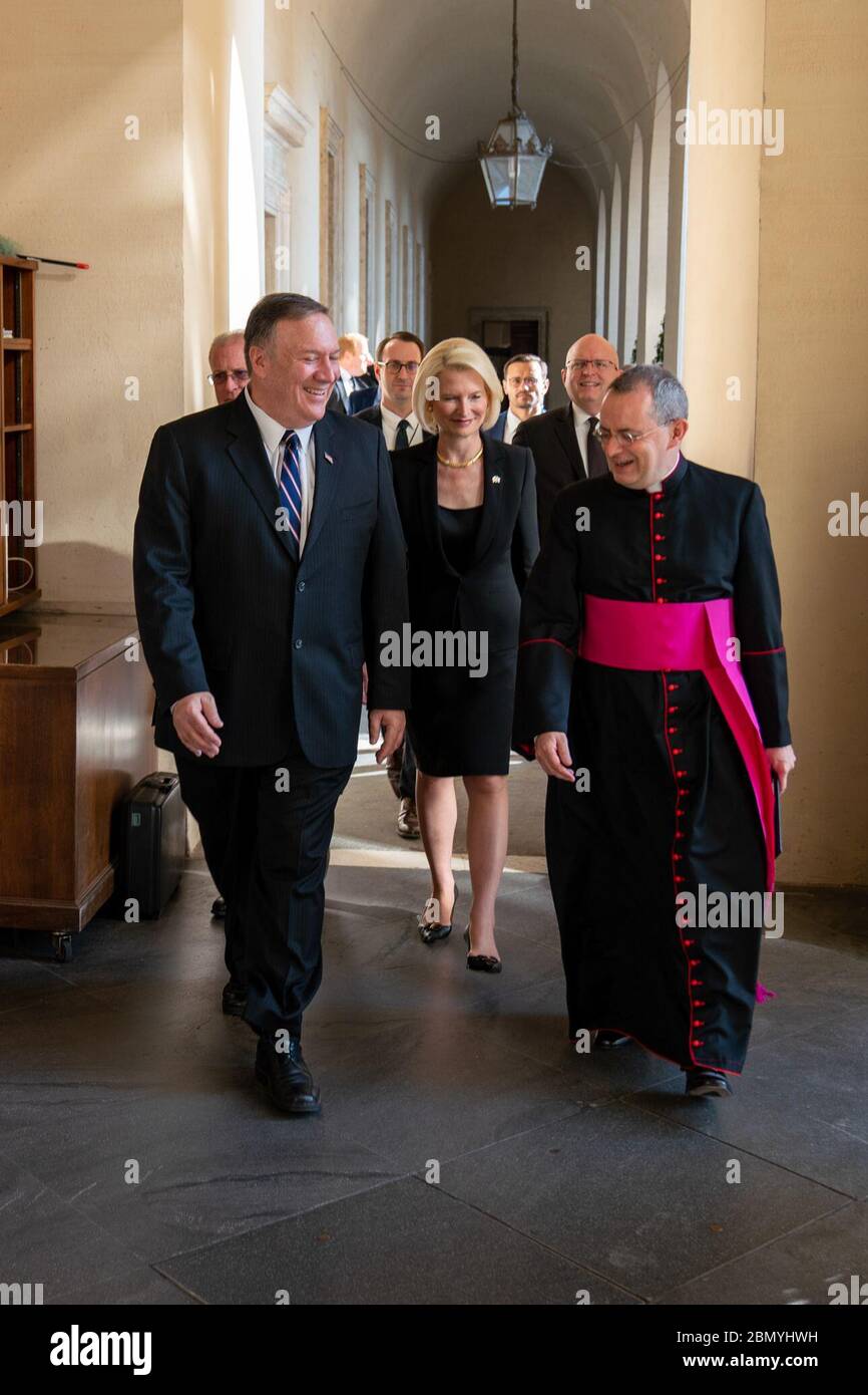 Secretary Pompeo and Ambassador Gingrich at the Holy See Symposium on Working with Faith-Based Organizations U.S. Secretary of State Michael R. Pompeo and U.S. Ambassador to the Holy See Callista Gingrich at the Symposium on Working with Faith-Based Organizations in Vatican City, on October 2, 2019. Stock Photo