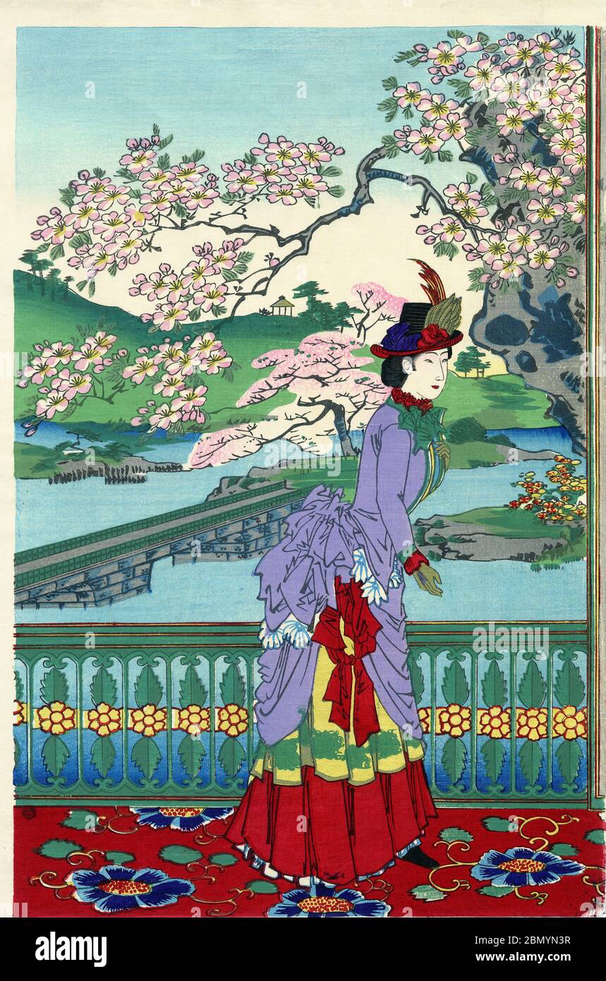 [ 1880s Japan - Japanese Woman in Western Clothes ] —   Ukiyoe woodblock print of a Japanese woman in Western clothes watching cherry blossom.   Published in September, 1887 (Meiji 20).  Original Japanese title: '開花貴婦人競'.  19th century vintage Ukiyoe woodblock print. Stock Photo