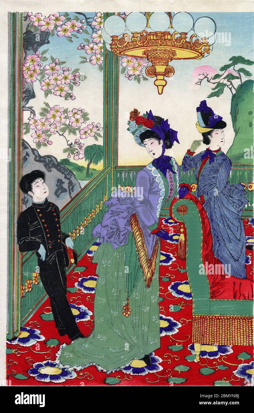 [ 1880s Japan - Japanese Women in Western Clothes ] —   Ukiyoe woodblock print of Japanese women in Western clothes watching cherry blossom.   Published in September, 1887 (Meiji 20).  Original Japanese title: '開花貴婦人競'.  19th century vintage Ukiyoe woodblock print. Stock Photo