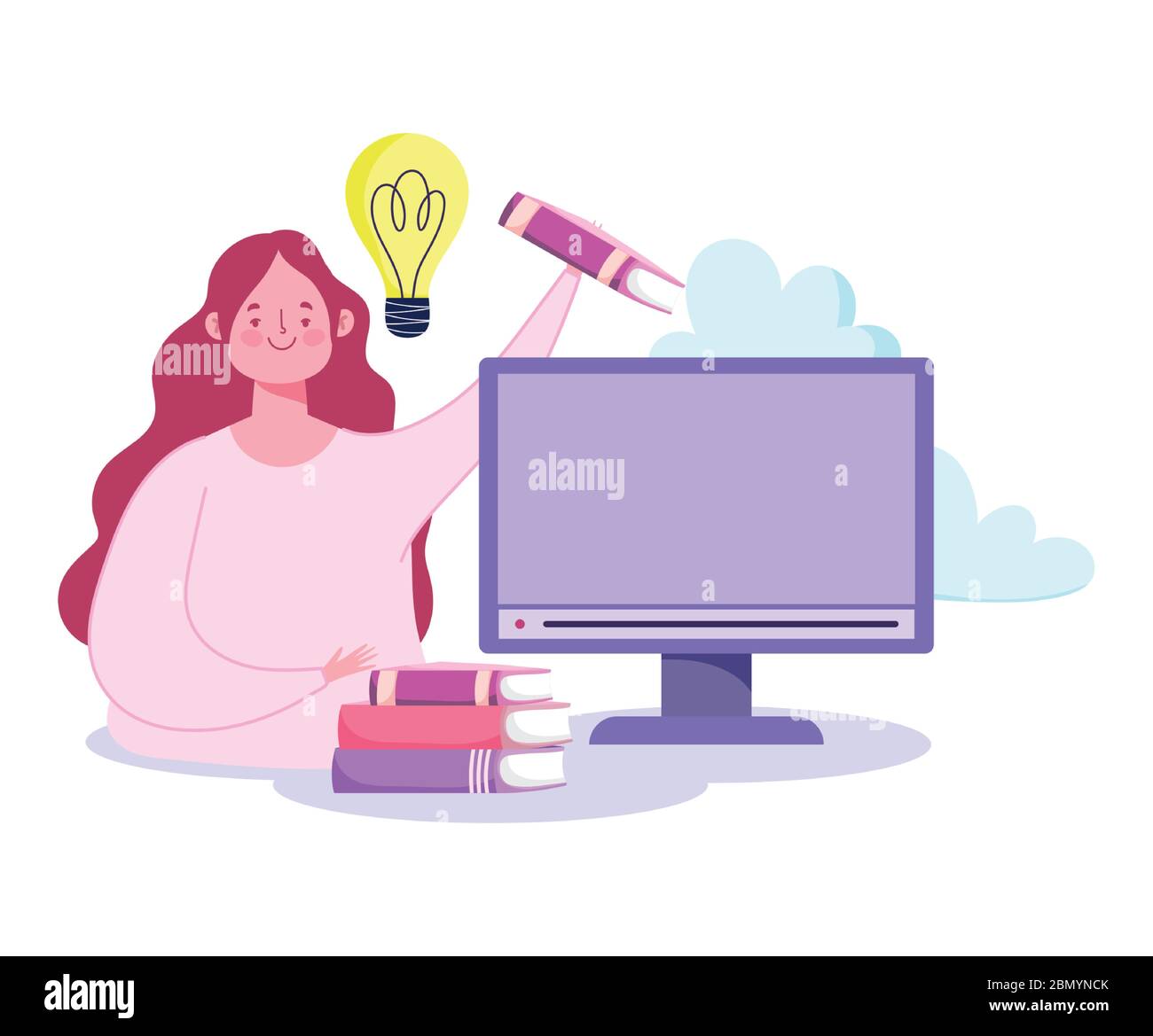 online education, teacher with computer and stack of books vector ...