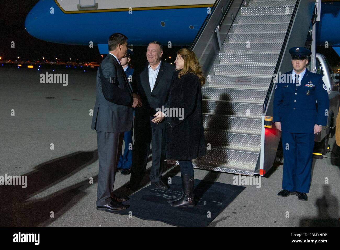Secretary Pompeo Arrives in San Jose, CA Secretary of State Michael R. Pompeo and his wife, Susan Pompeo, arrive in San Jose, CA and are met by Under Secretary Keith Krach on January 12, 2020. Stock Photo