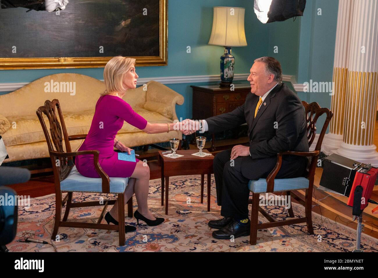 Secretary Pompeo Participates in an Interview with Fox Secretary of State Michael R. Pompeo participates in an interview with Fox's Laura Ingraham, at the Department of State, in Washington D.C., on January 9, 2020. Stock Photo
