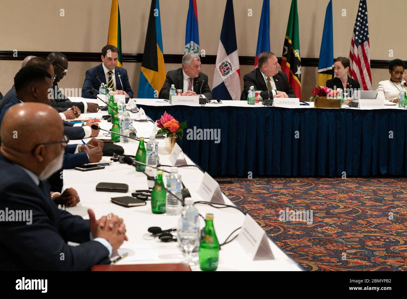 Secretary Pompeo Participates in a Roundtable Discussion Secretary of State Michael R.  Pompeo participates in a roundtable discussion with Jamaican Foreign Minister Kamina Johnson Smith, Bahamian Foreign Minister Darren Henfield, Belizean Foreign Minister Wilfred Elrington, Dominican Republic Foreign Minister Miguel Vargas Maldonado, Haitian Foreign Minister Bocchit Edmond, St. Kitts and Nevis Foreign Minister Mark Brantley, and Saint Lucian External Affairs Minister Sarah Flood-Beaubrun, in Kingston, Jamaica  on January 22, 2020. Stock Photo