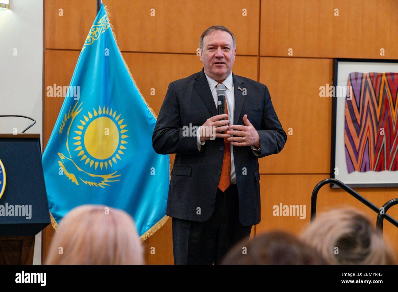 On February 2, 2020, U.S. Secretary of State Michael Pompeo met with staff and families at the U.S. Embassy in Nur-Sultan, Kazakhstan, discussing diplomatic initiatives and strengthening bilateral relations between the United States and Kazakhstan. Stock Photo