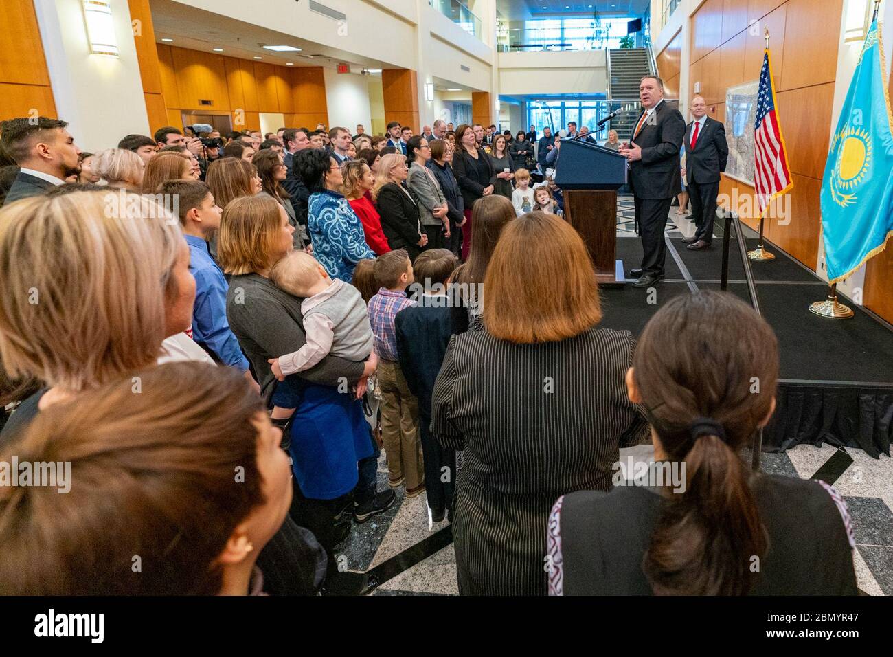 U.S. Secretary of State Mike Pompeo meets with personnel and families at the U.S. Embassy in Nur-Sultan, Kazakhstan, on February 2, 2020, to discuss diplomatic affairs and embassy operations. Stock Photo
