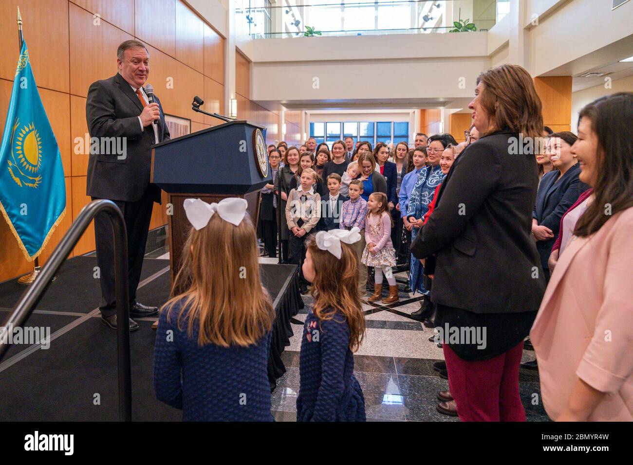 On February 2, 2020, U.S. Secretary of State Michael R. Pompeo met with staff and families at the U.S. Embassy in Nur-Sultan, Kazakhstan, during his diplomatic visit. Stock Photo