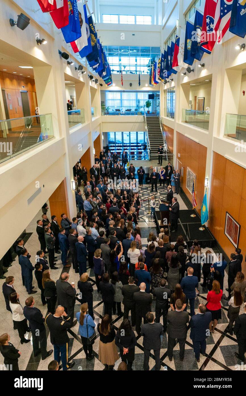 On February 2, 2020, U.S. Secretary of State Mike Pompeo meets with U.S. Embassy staff and families in Nur-Sultan, Kazakhstan, to discuss diplomatic priorities and bilateral relations. Stock Photo