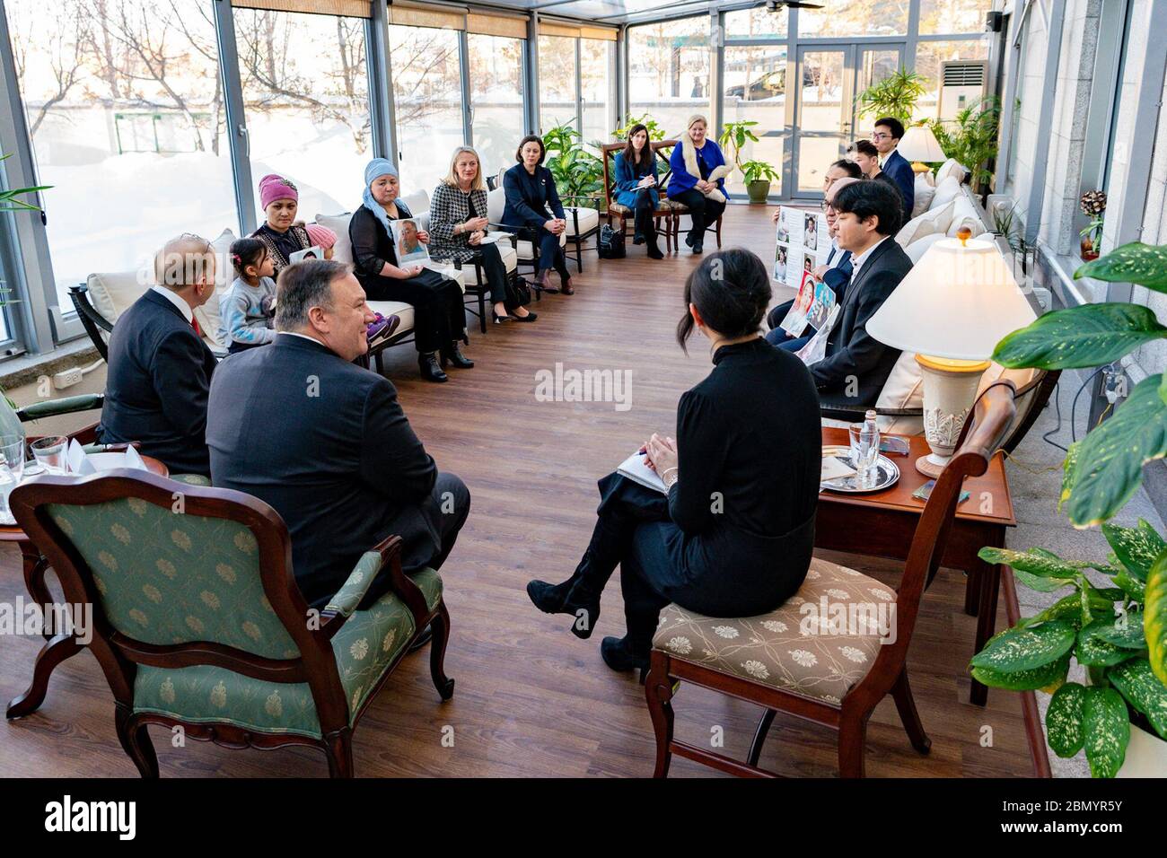 On February 2, 2020, Secretary of State Michael R. Pompeo met with the families of ethnic Kazakh-Chinese detained in Xinjiang, China, during a meeting in Nur-Sultan, Kazakhstan, discussing human rights concerns. Stock Photo