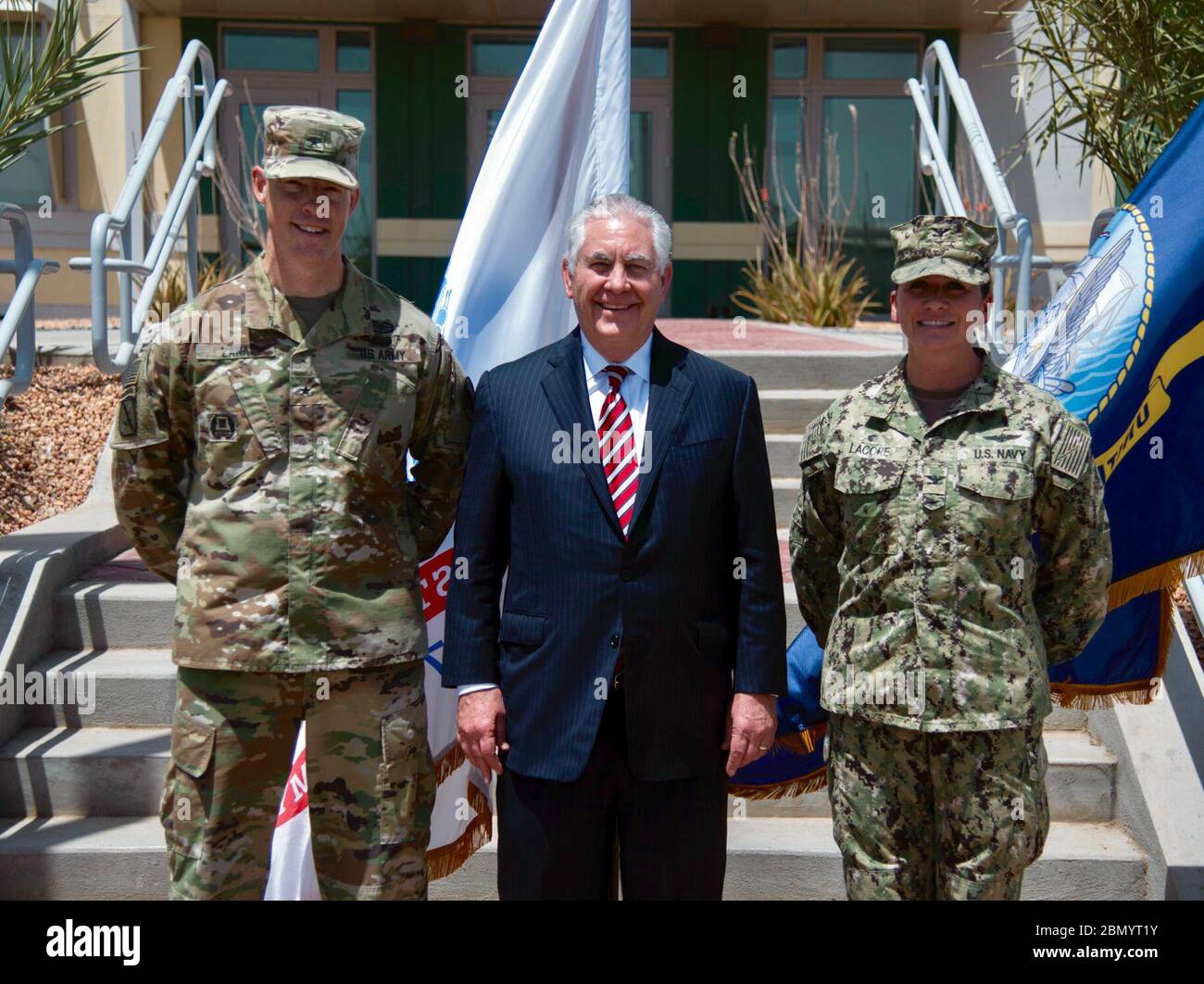 Secretary Tillerson Meets With Army General Zana and U.S. Navy Captain Lacore in Djibouti U.S. Secretary of State Rex Tillerson meets with U.S. Army General William Zana, Commander of Combined Joint Task Force -- Horn of Africa and U.S. Navy Captain Nancy S. Lacore, Commander of Camp Lemonnier in Djibouti, Djibouti on March 9, 2018. Stock Photo